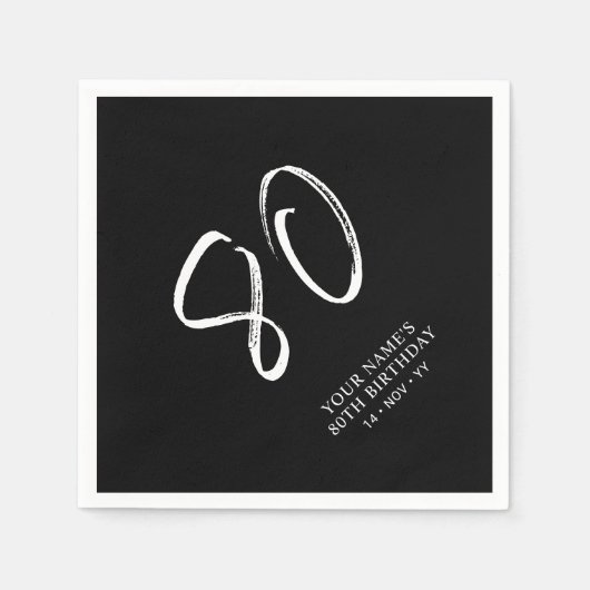 Serviette En Papier Noir & Blanc | Brosse Script 80e fête d'anniversai (Devant)