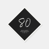 Serviette En Papier Noir & Blanc | Brosse Script 80e fête d'anniversai (Coin)