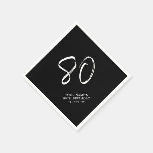 Serviette En Papier Noir & Blanc   Brosse Script 80e fête d'anniversai