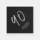 Serviette En Papier Noir & Blanc | Brosse Script 90e fête d'anniversai (Devant)