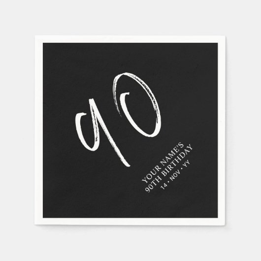 Serviette En Papier Noir & Blanc | Brosse Script 90e fête d'anniversai (Devant)
