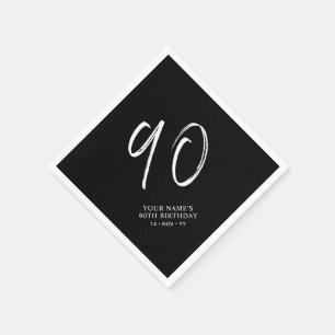 Serviette En Papier Noir & Blanc   Brosse Script 90e fête d'anniversai