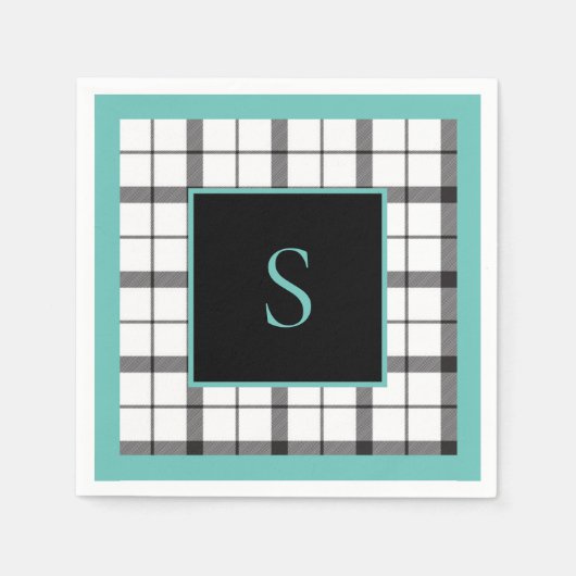 Serviette En Papier Noir, Blanc, Carreaux, Vert Élégant, Chic, Moderne (Devant)