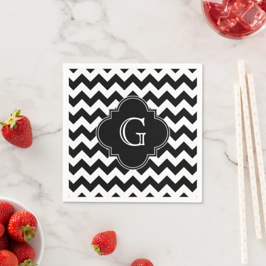 Serviette En Papier Noir blanc Chevron noir Quatrefoil Monogramme (En situation)