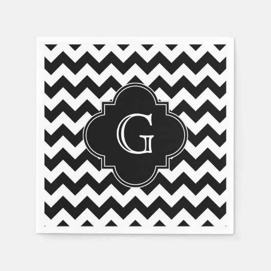 Serviette En Papier Noir blanc Chevron noir Quatrefoil Monogramme (Devant)
