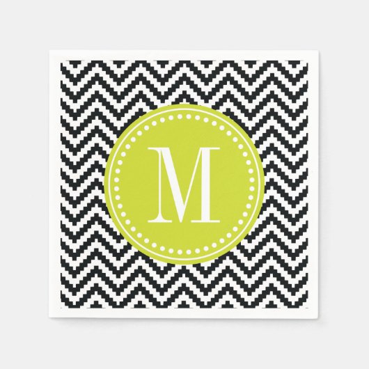 Serviette En Papier Noir & Blanc Chic Aztec Chevron Monogrammé (Devant)
