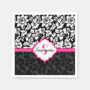 Serviette En Papier Noir blanc et rose Vintage Damas florales