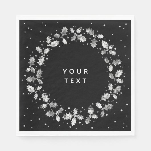 Serviette En Papier Noir + Blanc Imprimé main Holly Wreath Noël (Devant)