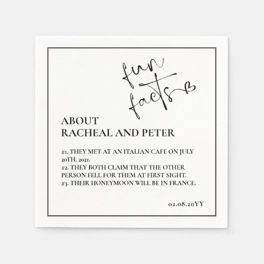Serviette En Papier Noir Blanc Moderne Fun Facts Coeur Script Cocktail (Devant)