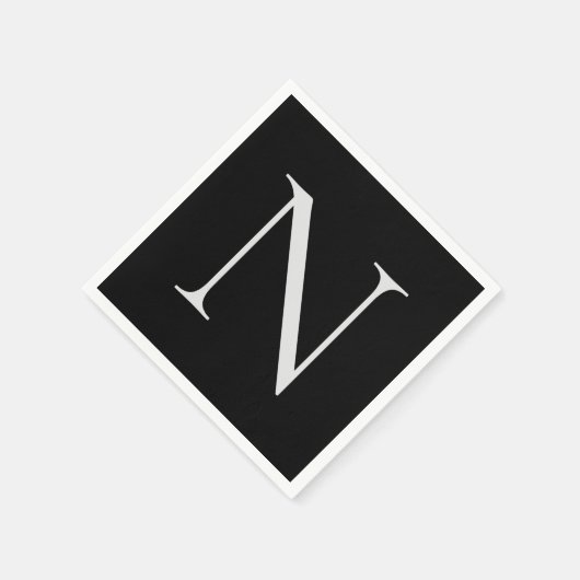 Serviette En Papier Noir Blanc Monogramme Initiales Nom Customisé (Coin)