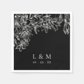 Serviette En Papier Noir Blanc Monogramme Mariage Floral Napkins (Devant)