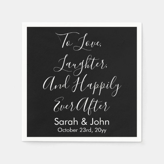 Serviette En Papier Noir Blanc Personnalisé Script Mariage Réception (Devant)