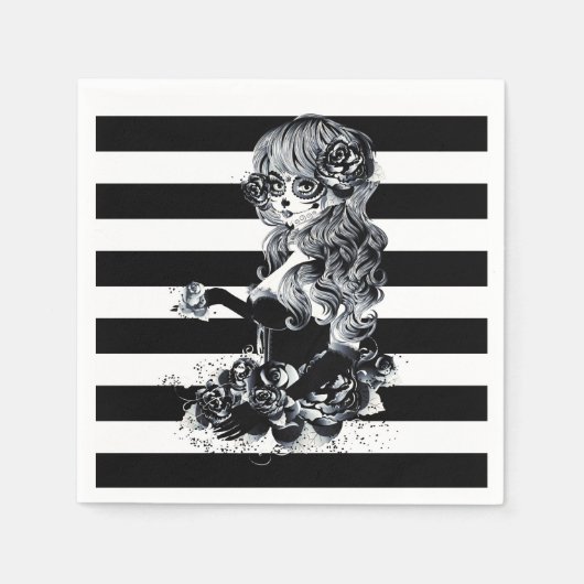 Serviette En Papier Noir & Blanc Striped Joli Crâne de sucre fille (Devant)