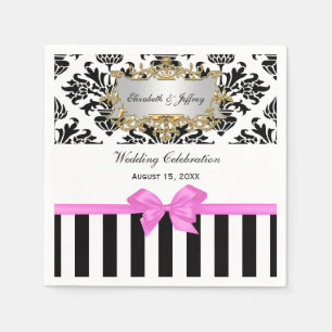 Serviette En Papier Noir Blanc Strique Damask Boule Gum rose Ribbon
