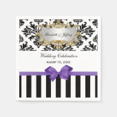 Serviette En Papier Noir Blanc Trait Damas Lilac Violet Ruban (Devant)
