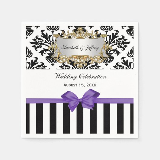 Serviette En Papier Noir Blanc Trait Damas Lilac Violet Ruban (Devant)