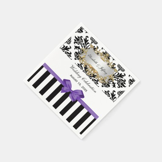 Serviette En Papier Noir Blanc Trait Damas Lilac Violet Ruban (Coin)