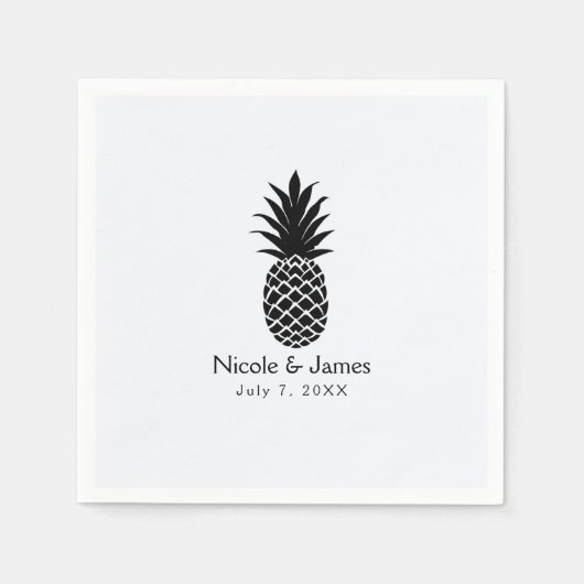 Serviette En Papier Noir & Blanc Tropical Pineapple Élégant Chic (Devant)