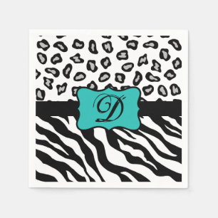 Serviette En Papier Noir Blanc Turquoise Zebra Leopard Peau Monogramme