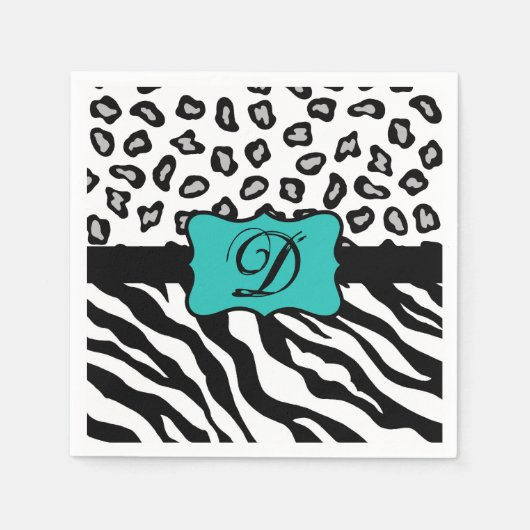 Serviette En Papier Noir Blanc Turquoise Zebra Leopard Peau Monogramme (Devant)