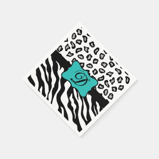 Serviette En Papier Noir Blanc Turquoise Zebra Leopard Peau Monogramme (Coin)