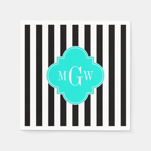 Serviette En Papier Noir Bouton blanc brillant Aqua Quatrefoil 3 Monog (Devant)