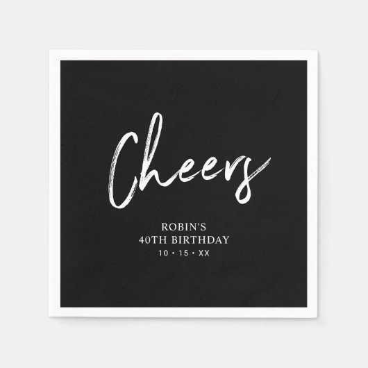 Serviette En Papier Noir | Brossage de script Cheers Fête d'anniversai (Devant)