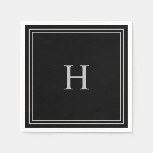 Serviette En Papier Noir classique simple avec Monogramme gris (Devant)