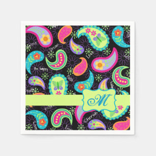 Serviette En Papier Noir coloré moderne Motif Monogramme  Paisley