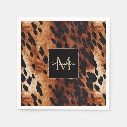 Serviette En Papier Noir Crème Brown Vachet Monogramme Or (Devant)