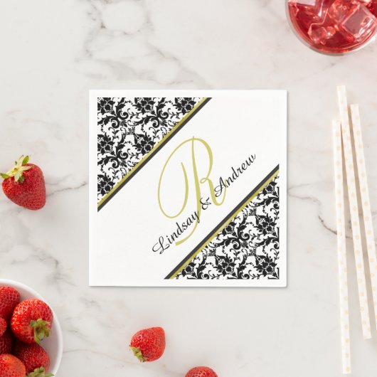 Serviette En Papier Noir Damas Blanc Monogramme Mariage (En situation)