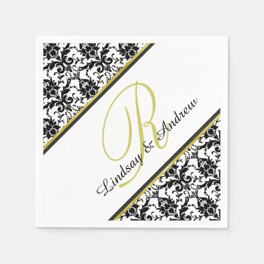 Serviette En Papier Noir Damas Blanc Monogramme Mariage (Devant)