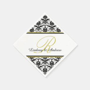 Serviette En Papier Noir Damas Blanc Monogramme Mariage