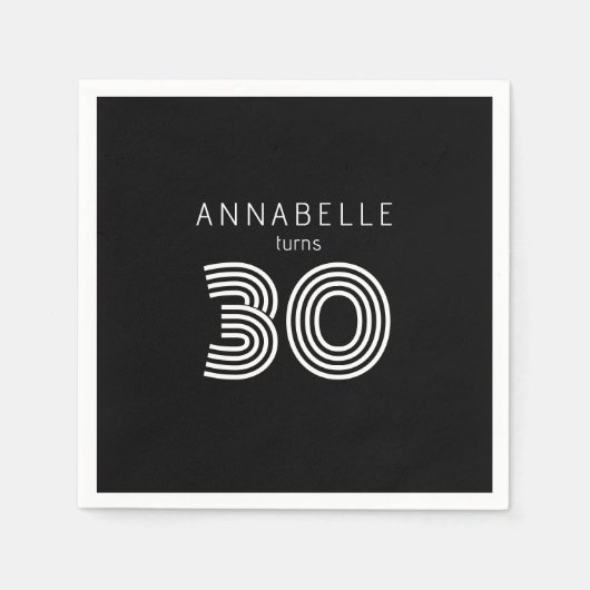 Serviette En Papier Noir de 30e anniversaire moderne (Devant)