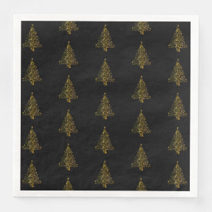 Serviette En Papier Noir d'or de motif d'arbre de Joyeux Noël éléga