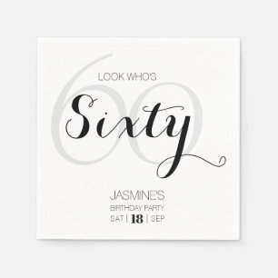 Serviette En Papier Noir et blanc Élégant Moderne 60 Anniversaire 