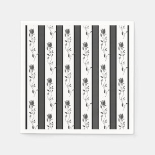 Serviette En Papier Noir et blanc gris vintage rayé avec des roses