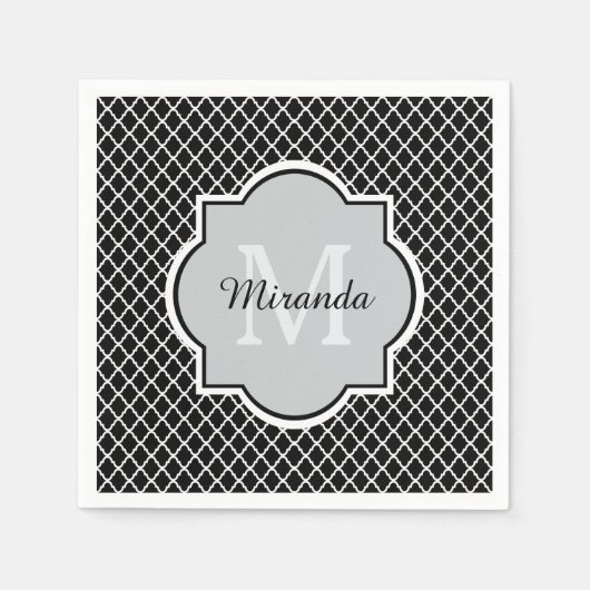 Serviette En Papier Noir et blanc moderne Quatrefoil Nom monogramme (Devant)