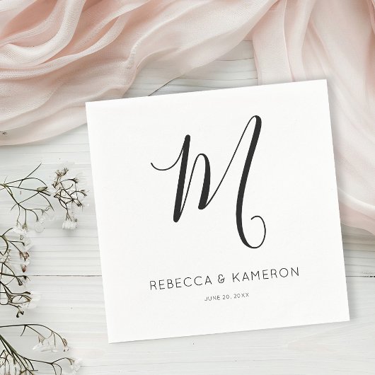 Serviette En Papier Noir et blanc Simple Élégant | Mariage de monogram