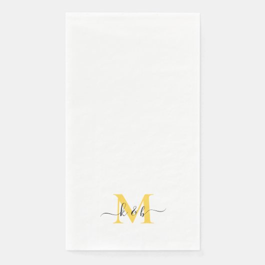 Serviette En Papier Noir et Jaune Monogramme Lavage Script Blanc (Devant)