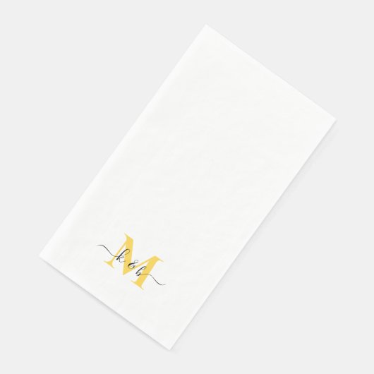 Serviette En Papier Noir et Jaune Monogramme Lavage Script Blanc (Coin)