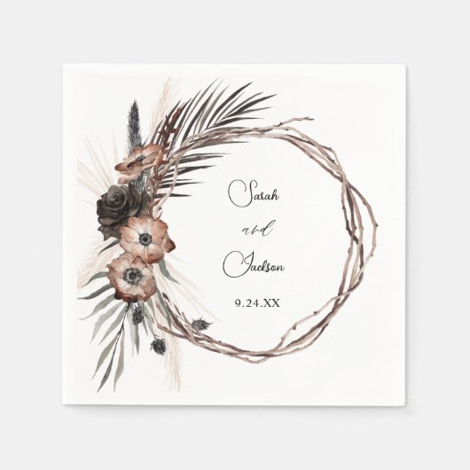 Serviette En Papier Noir et naturel Floral Boho Nom rustique (Devant)