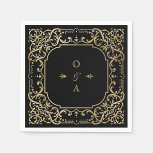 Serviette En Papier Noir et or élégant mariage vintage monogramme