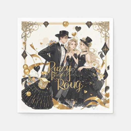 Serviette En Papier Noir et or, Luxe riche, style Moulin rouge (Devant)