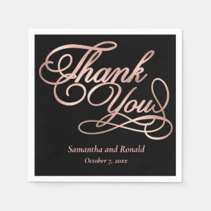 Serviette En Papier Noir et Rose Merci or Mariage de calligraphie