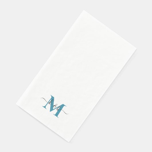 Serviette En Papier Noir et Turquoise Monogramme Lavage Script Blanc (Coin)