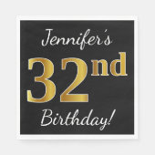 Serviette En Papier Noir, Faux Gold 32e anniversaire + Nom personnalis (Devant)