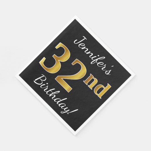 Serviette En Papier Noir, Faux Gold 32e anniversaire + Nom personnalis (Coin)