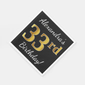 Serviette En Papier Noir, Faux Gold 33ème anniversaire + Nom personnal (Coin)