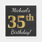 Serviette En Papier Noir, Faux Gold 35e anniversaire + Nom personnalis (Devant)